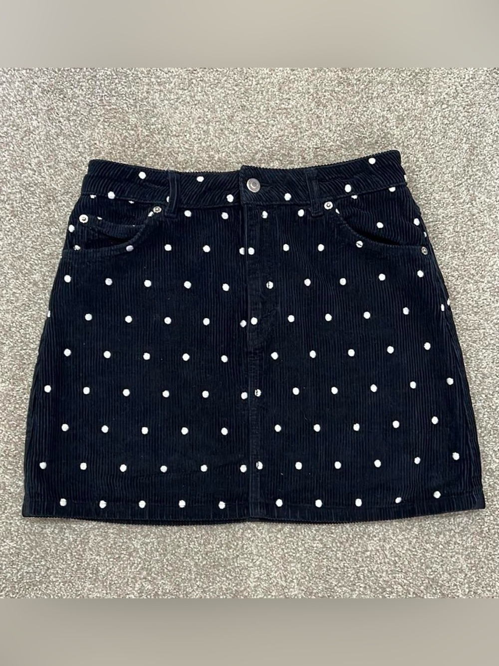 Topshop Black Corduroy Mini Skirt with White Polka Dots SZ 6